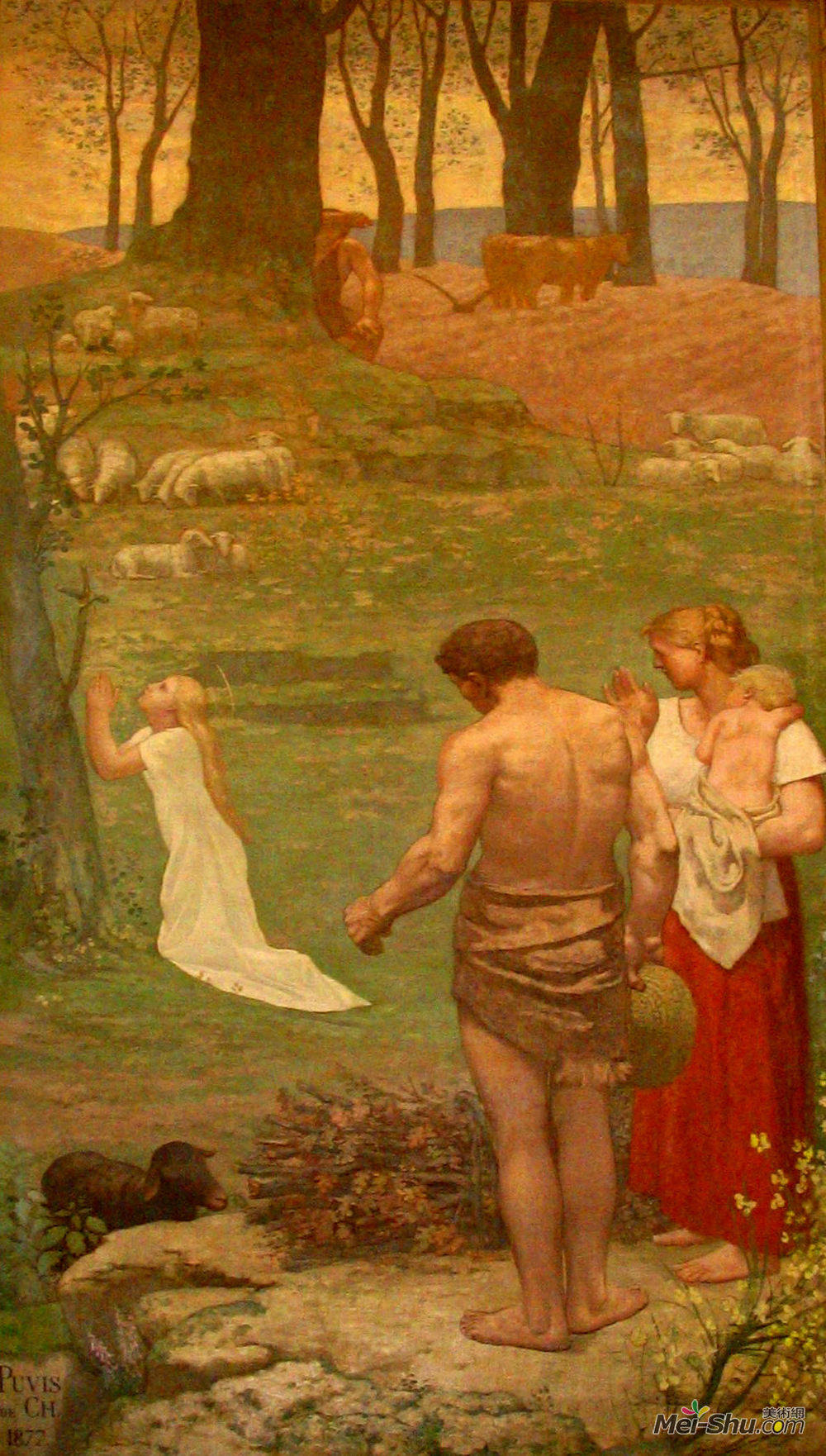 皮埃尔·皮维·德·夏凡纳(Pierre Puvis de Chavannes)高清作品《圣吉纳维芙作为一个孩子在祷告中》