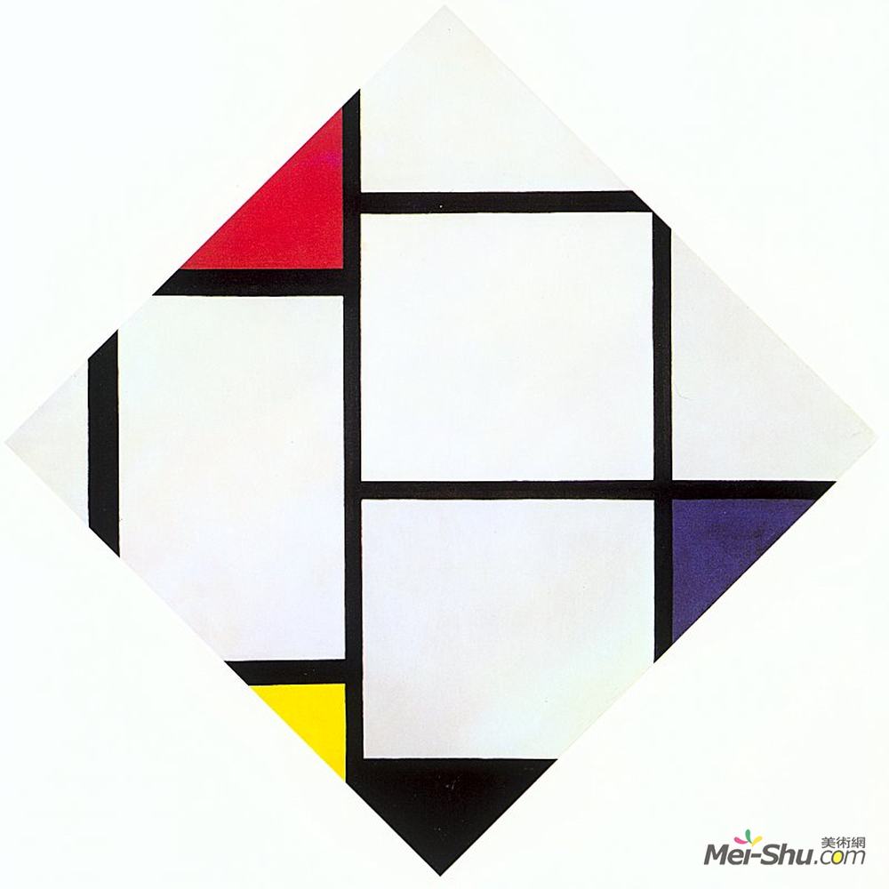 皮特·蒙德里安(Piet Mondrian)高清作品《菱形成分与红色，灰色，蓝色，黄色和黑色》