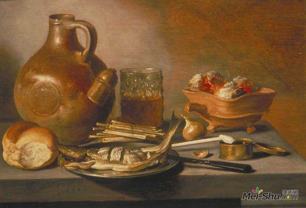 彼得·克莱兹(Pieter Claesz)高清作品《鲱鱼、面包和面包的静物》