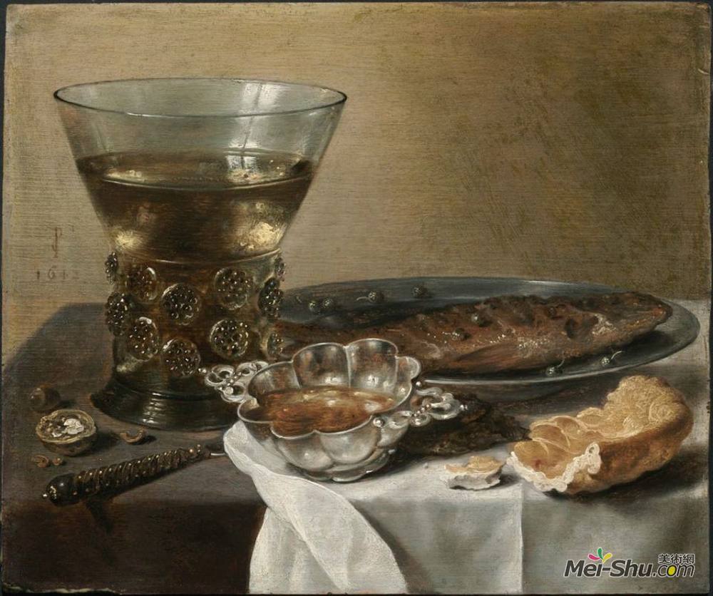 彼得·克莱兹(Pieter Claesz)高清作品《银色白兰地碗、酒杯、鲱鱼等静物》