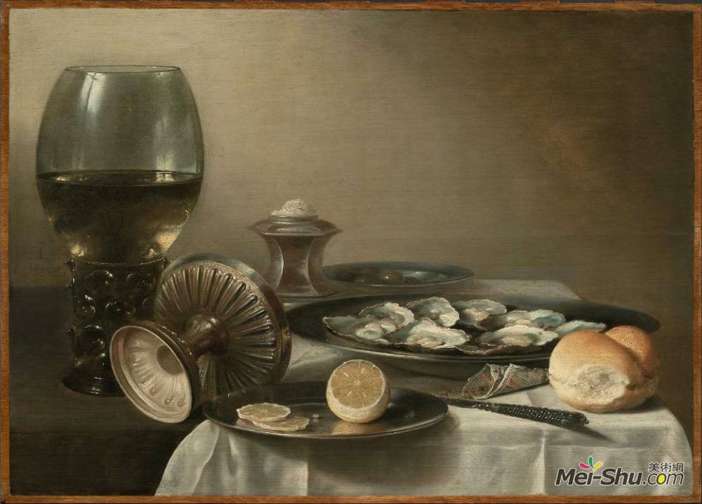 《酒杯和牡蛎的静物》彼得·克莱兹(pieter claesz)高清作品欣赏