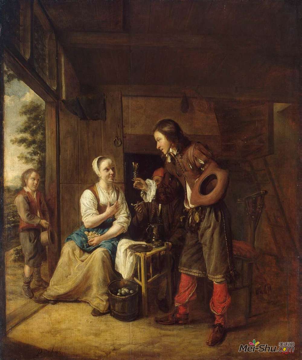 皮特尔·德·胡格(Pieter de Hooch)高清作品《男人给女人一杯酒》