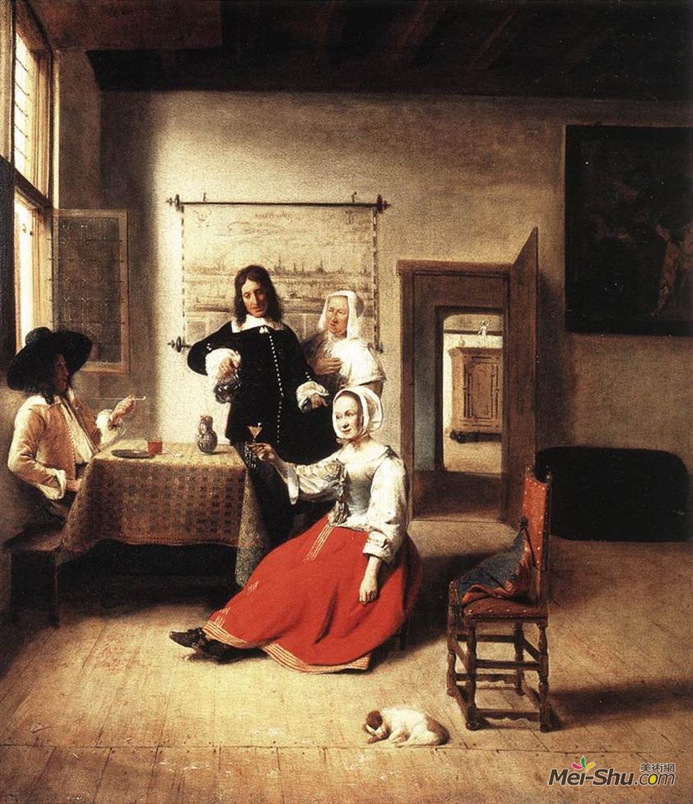 皮特尔·德·胡格(Pieter de Hooch)高清作品《喝官兵的女人》