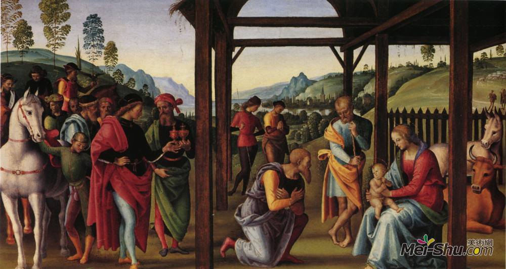 彼得罗·贝鲁吉诺(Pietro Perugino)高清作品《Altarpolyptychon, Predellatafel scene: Adoration of the Magi》