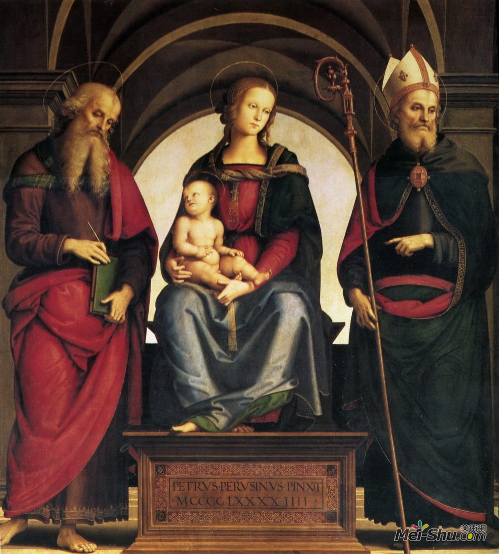 彼得罗·贝鲁吉诺(Pietro Perugino)高清作品《宝座的女人与圣徒和约翰八月之间的孩子》