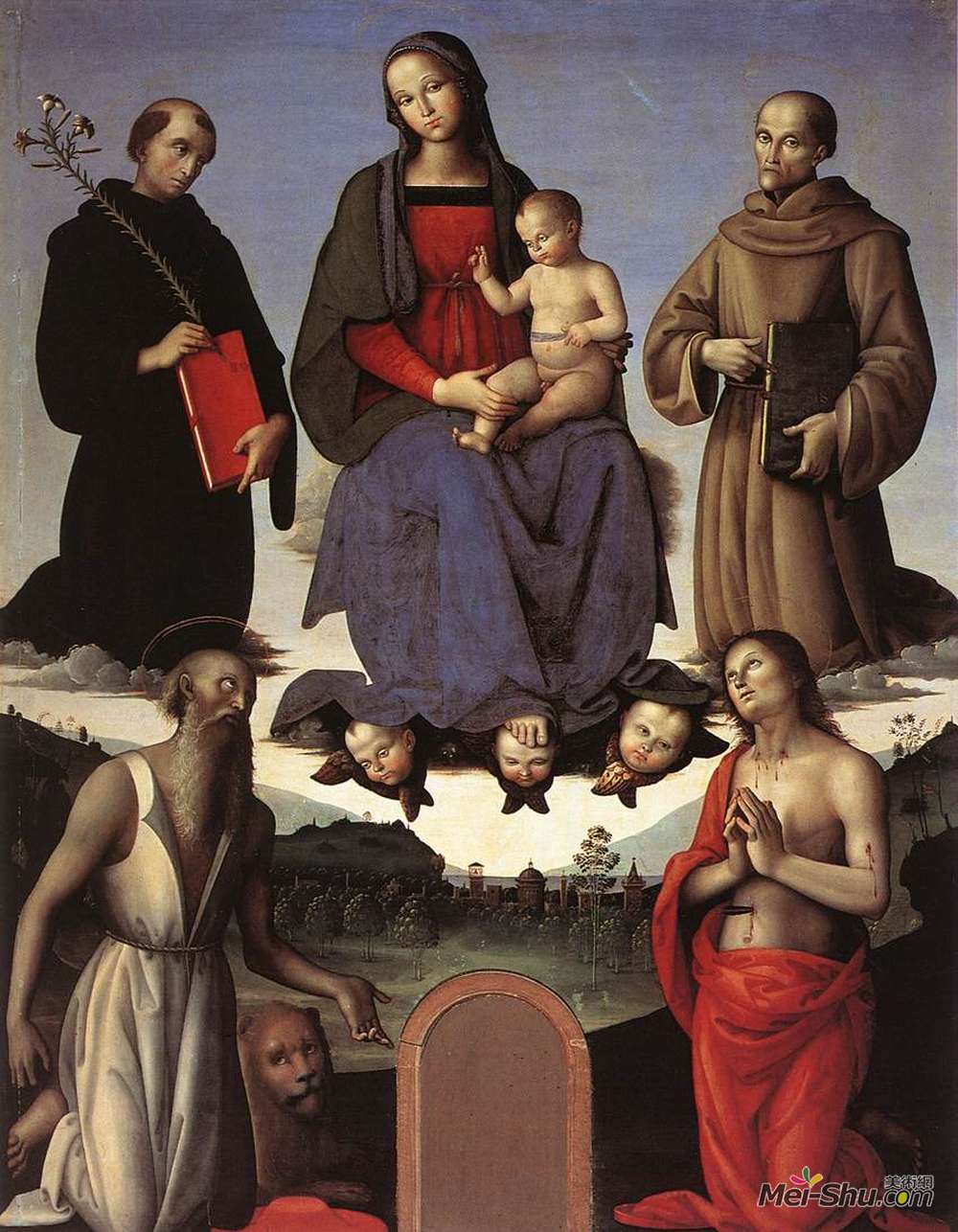 彼得罗·贝鲁吉诺(Pietro Perugino)高清作品《Madonna and Child with Four Saints (Tezi Altarpiece)》