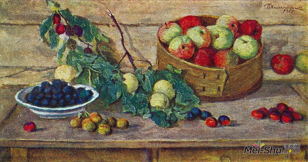 孔科洛夫茨基(Pyotr Konchalovsky)高清作品《静物筛网中的苹果》