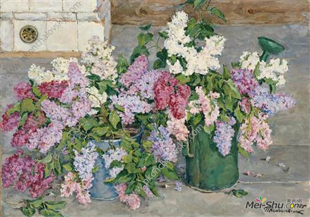 孔科洛夫茨基(Pyotr Konchalovsky)高清作品《静物丁香花，一个桶和一个水壶》