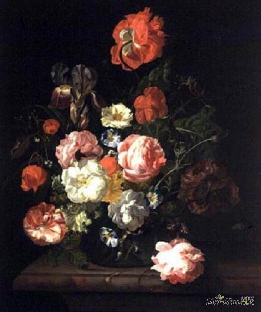 雷切尔·鲁伊希(Rachel Ruysch)高清作品《在一个玻璃花瓶的花在大理石平板》