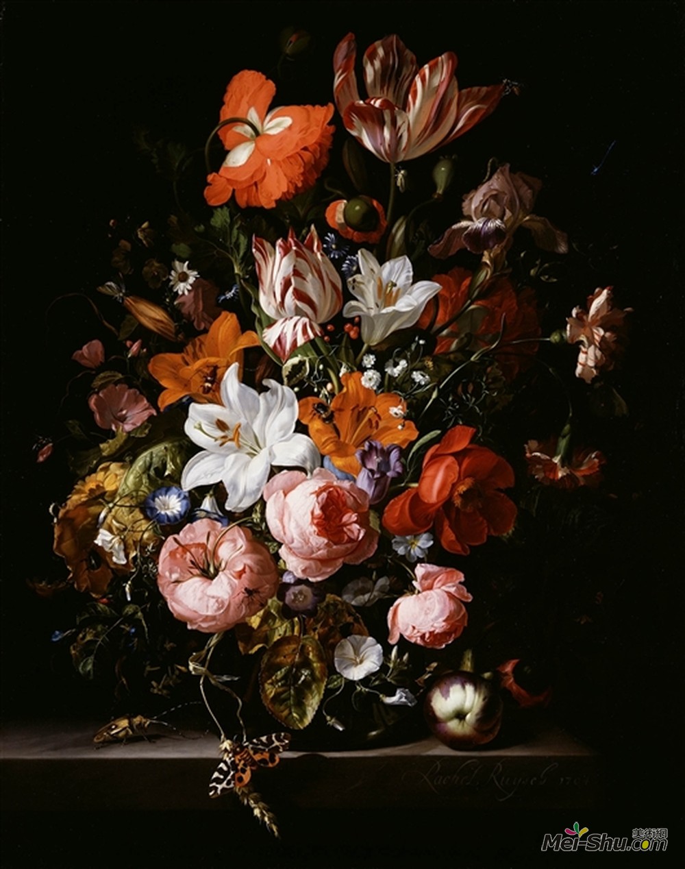 雷切尔·鲁伊希(Rachel Ruysch)高清作品《在一个玻璃花瓶的花在一张大理石桌上》