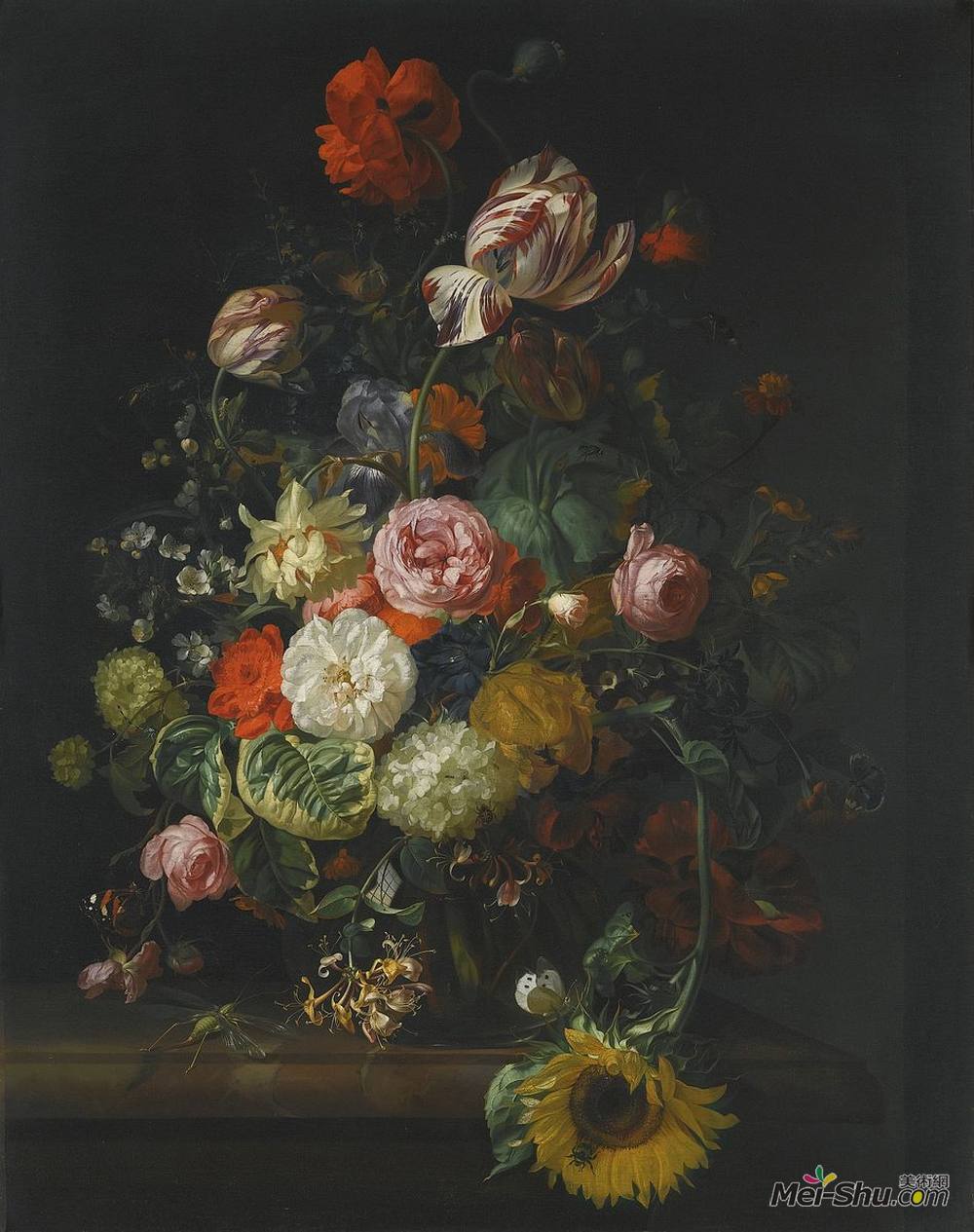 雷切尔·鲁伊希(Rachel Ruysch)高清作品《在一个玻璃花瓶的花与蜻蜓，在大理石平板》
