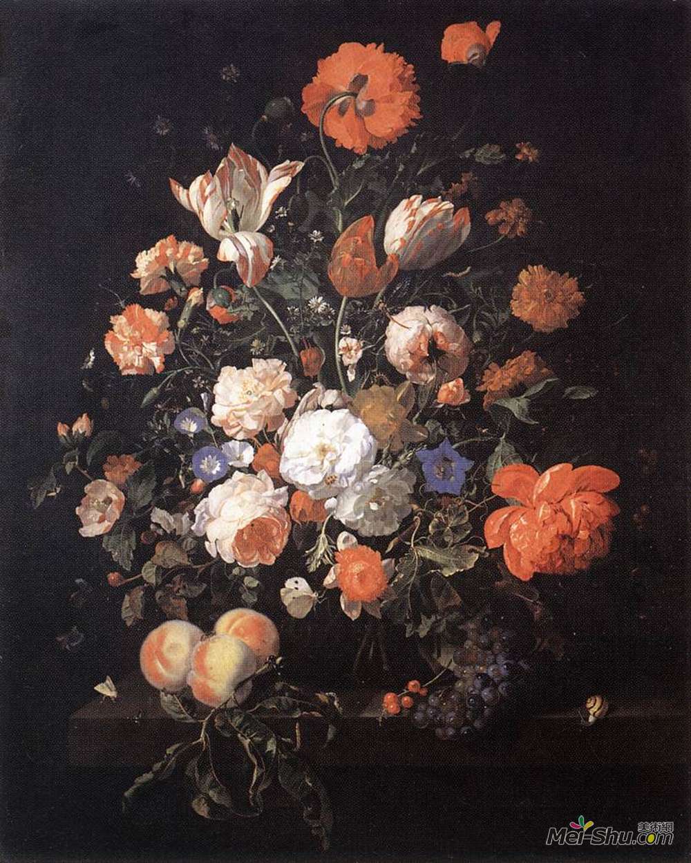 雷切尔·鲁伊希(Rachel Ruysch)高清作品《在玻璃花瓶的花，与桃子和红色莓果，在》