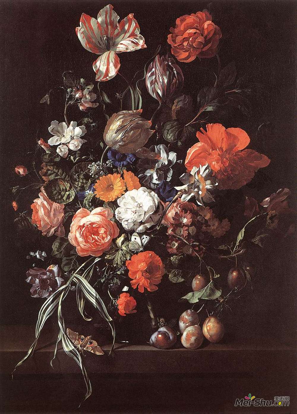 雷切尔·鲁伊希(Rachel Ruysch)高清作品《玻璃花瓶中的玫瑰、郁金香、毛茛等花卉》