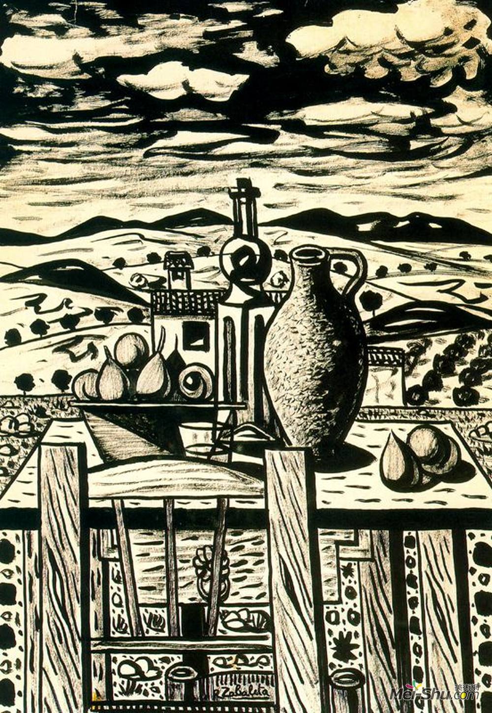 拉斐尔·萨巴莱塔(Rafael Zabaleta)高清作品《静物，桌上的无花果，罐子，茴香瓶》