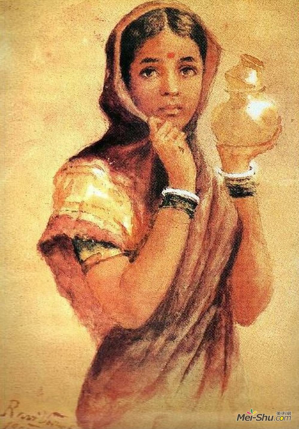 拉贾·拉维·瓦尔马(Raja Ravi Varma)高清作品《倒牛奶的女仆》