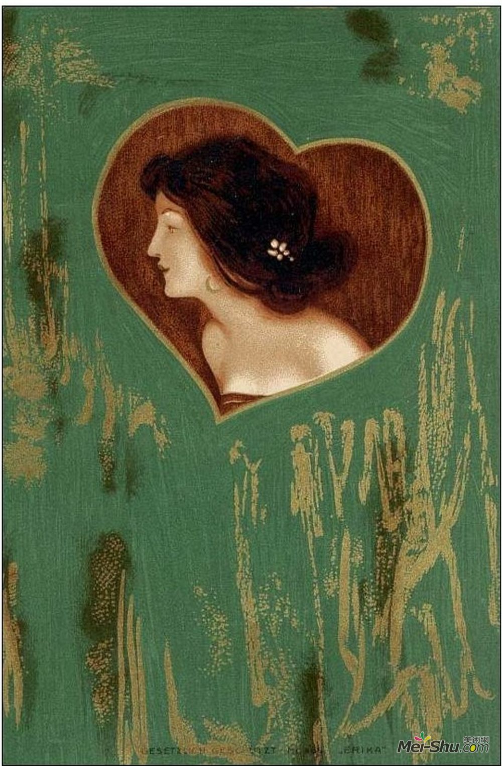 拉斐尔基什内尔(Raphael Kirchner)高清作品《女孩的头和肩膀在绿色面板上》