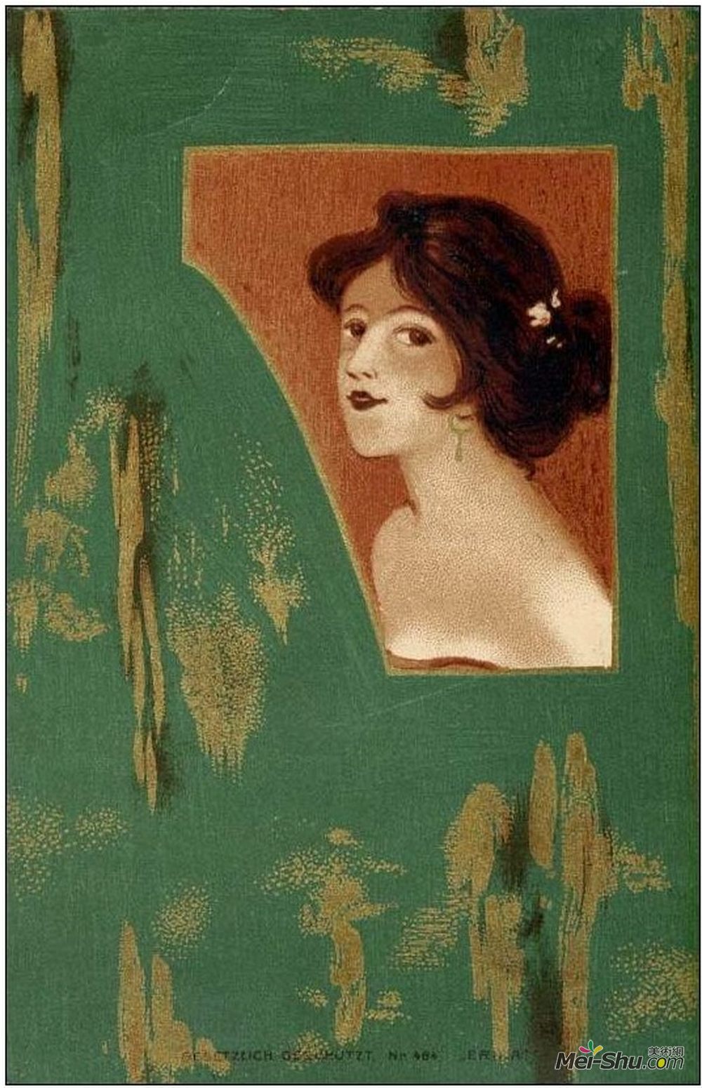 拉斐尔基什内尔(Raphael Kirchner)高清作品《女孩的头和肩膀在绿色面板上》