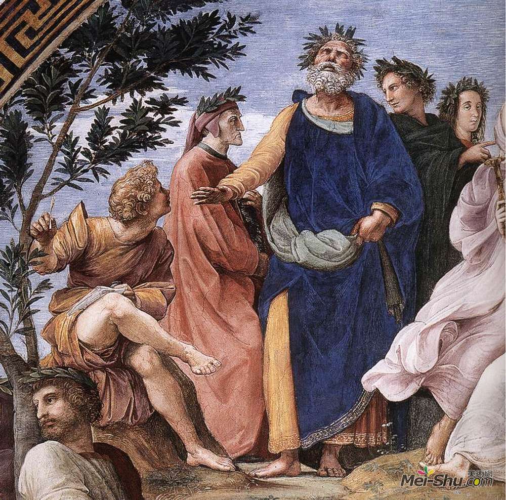 拉斐尔(Raphael)高清作品《The Parnassus, detail of Homer, Dante and Virgil, in the Sta》