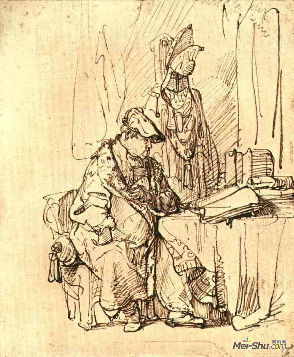 伦勃朗(Rembrandt)高清作品《坐在书桌上的人》