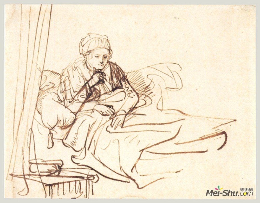 伦勃朗(Rembrandt)高清作品《坐在床上的女人》