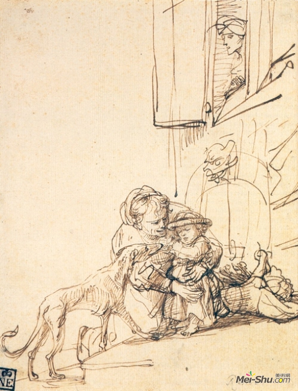 伦勃朗(Rembrandt)高清作品《被狗吓坏的女人》