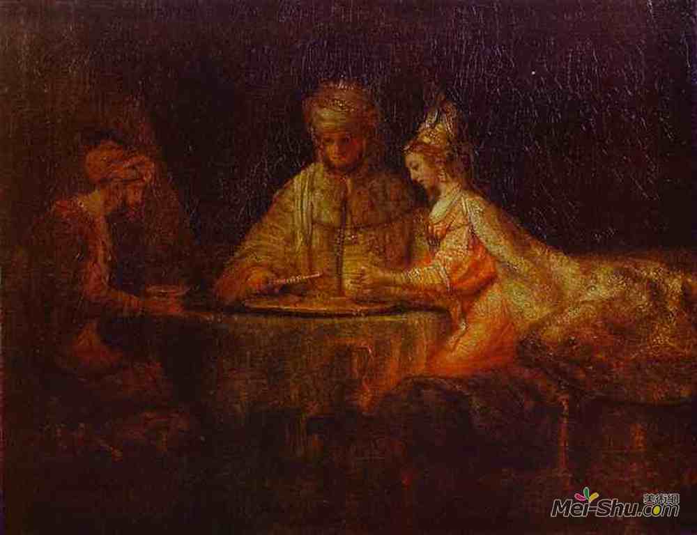 伦勃朗(Rembrandt)高清作品《亚哈随鲁（薛西斯，哈曼和帖）》