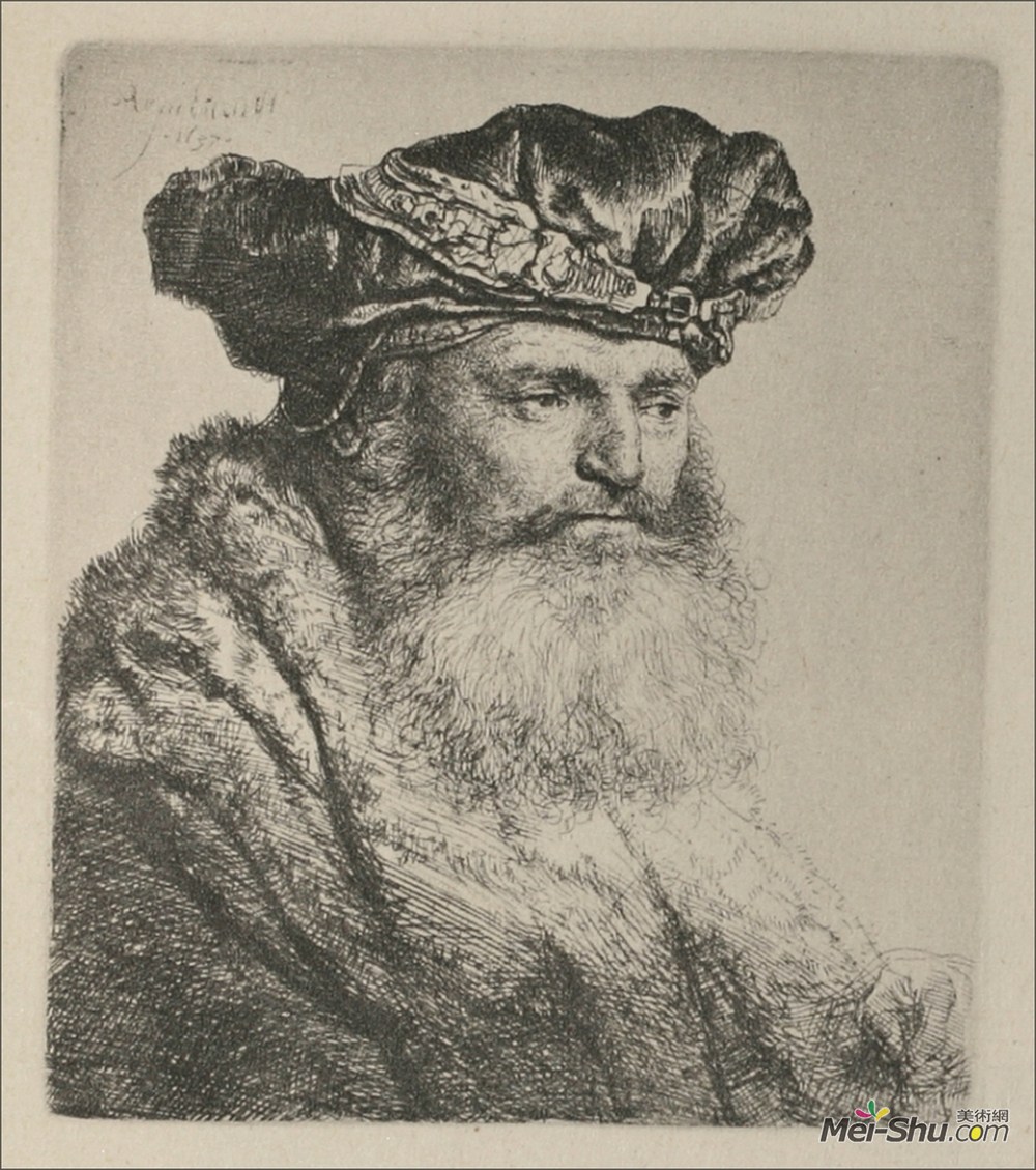 伦勃朗(Rembrandt)高清作品《一位老人，戴着丰富的天鹅绒帽》