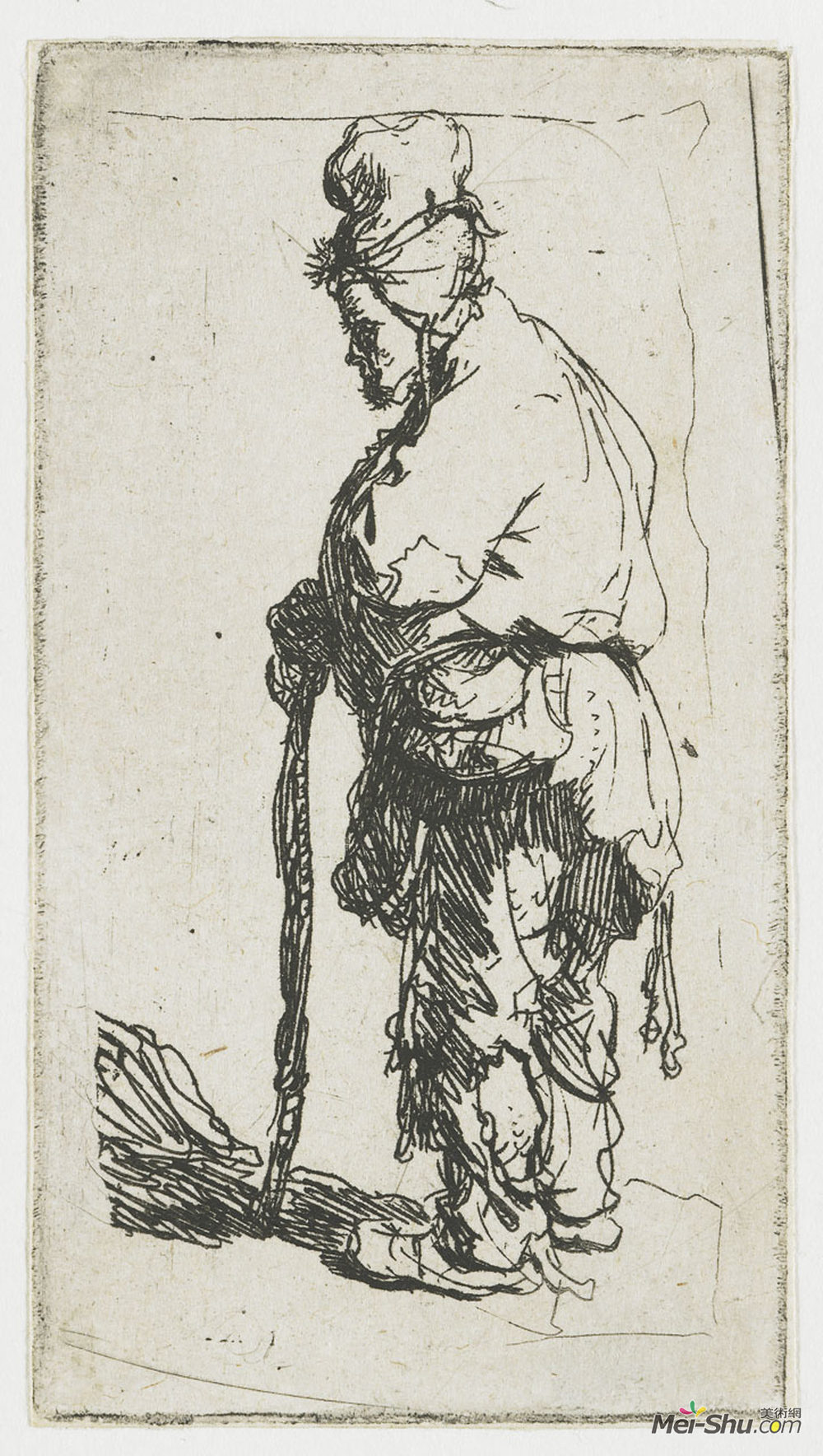 伦勃朗(Rembrandt)高清作品《乞丐拄着棍子向左》