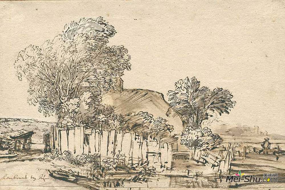 伦勃朗(Rembrandt)高清作品《树林中有木篱的小屋》