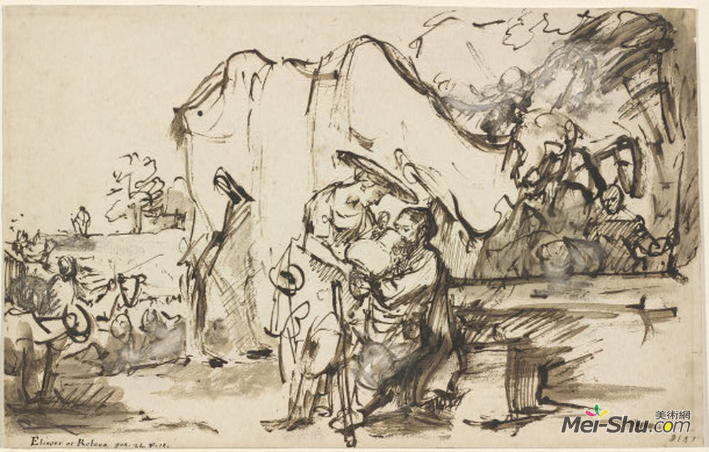 伦勃朗(Rembrandt)高清作品《埃利泽和丽贝卡在井边》