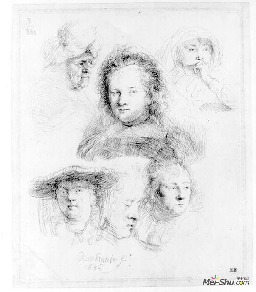 伦勃朗(Rembrandt)高清作品《对萨斯基亚和一位老妇人的五项研究》