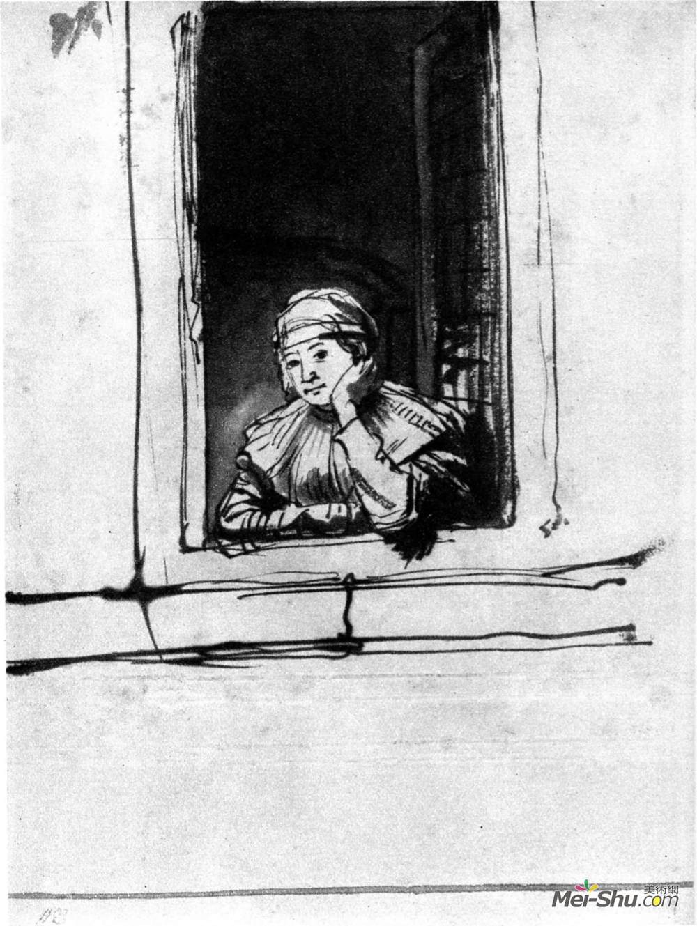 伦勃朗(Rembrandt)高清作品《Saskia looking out of a window》