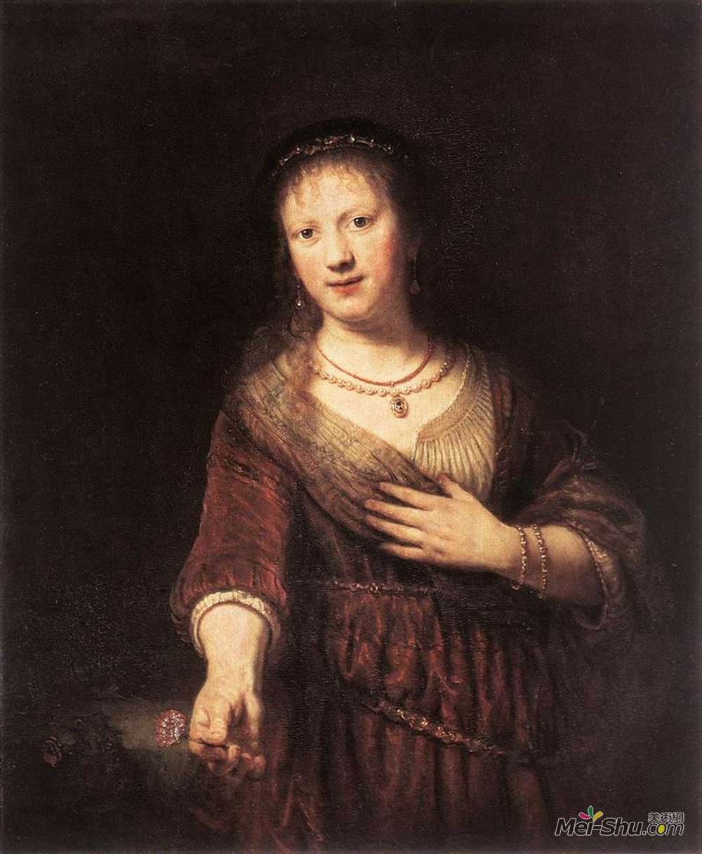 伦勃朗(Rembrandt)高清作品《萨斯基亚与一朵红色的花》