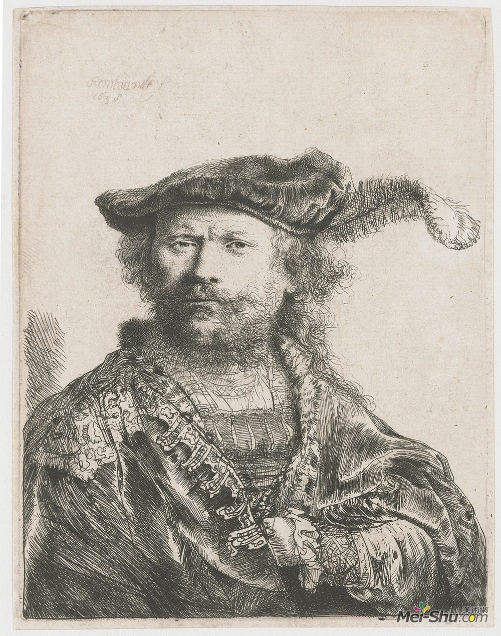 伦勃朗(Rembrandt)高清作品《天鹅绒帽和羽毛的自画像》