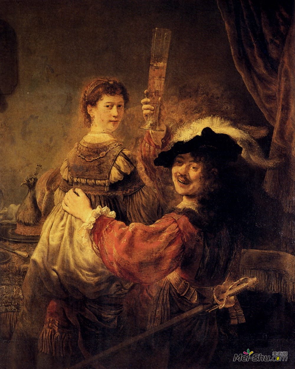 伦勃朗(Rembrandt)高清作品《在浪子的寓言中与萨斯基亚的自画像》