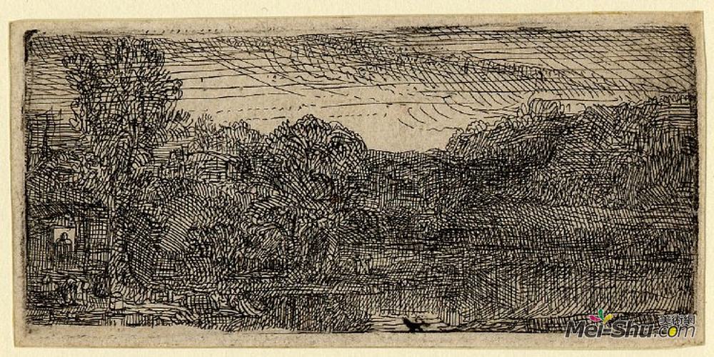 伦勃朗(Rembrandt)高清作品《小小的灰色风景，一个房子和一棵树在池边》