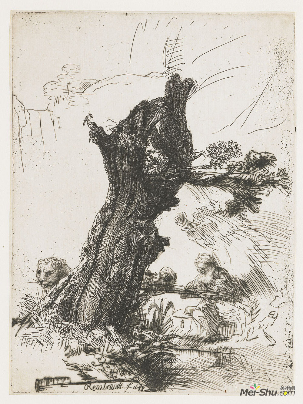伦勃朗(Rembrandt)高清作品《在一棵角被割下的杨柳旁边的圣杰罗姆》