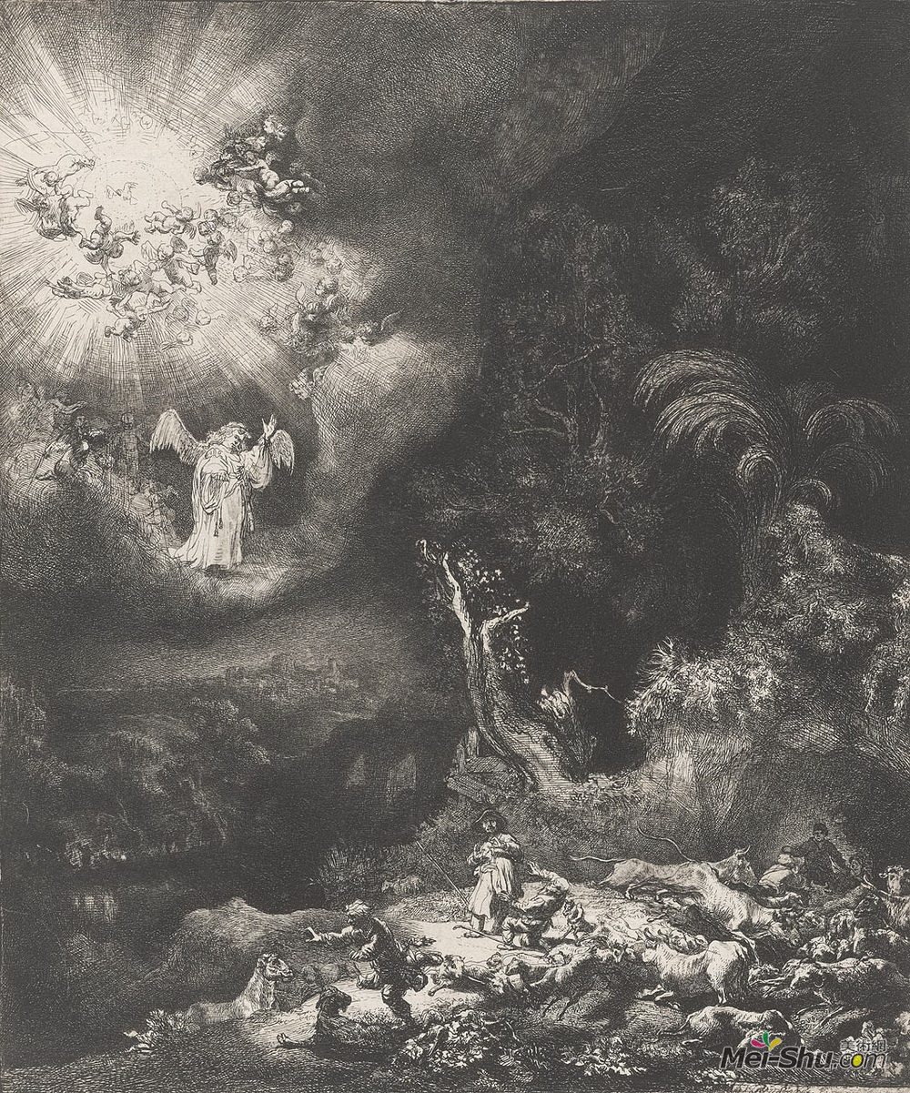 伦勃朗(Rembrandt)高清作品《天使出现在牧羊人身上》