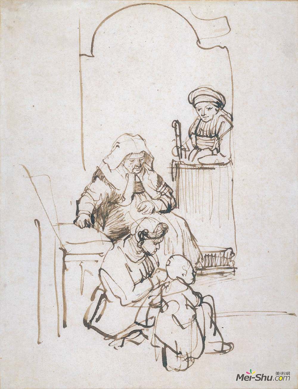 伦勃朗(Rembrandt)高清作品《三个女人和一个孩子在门口》