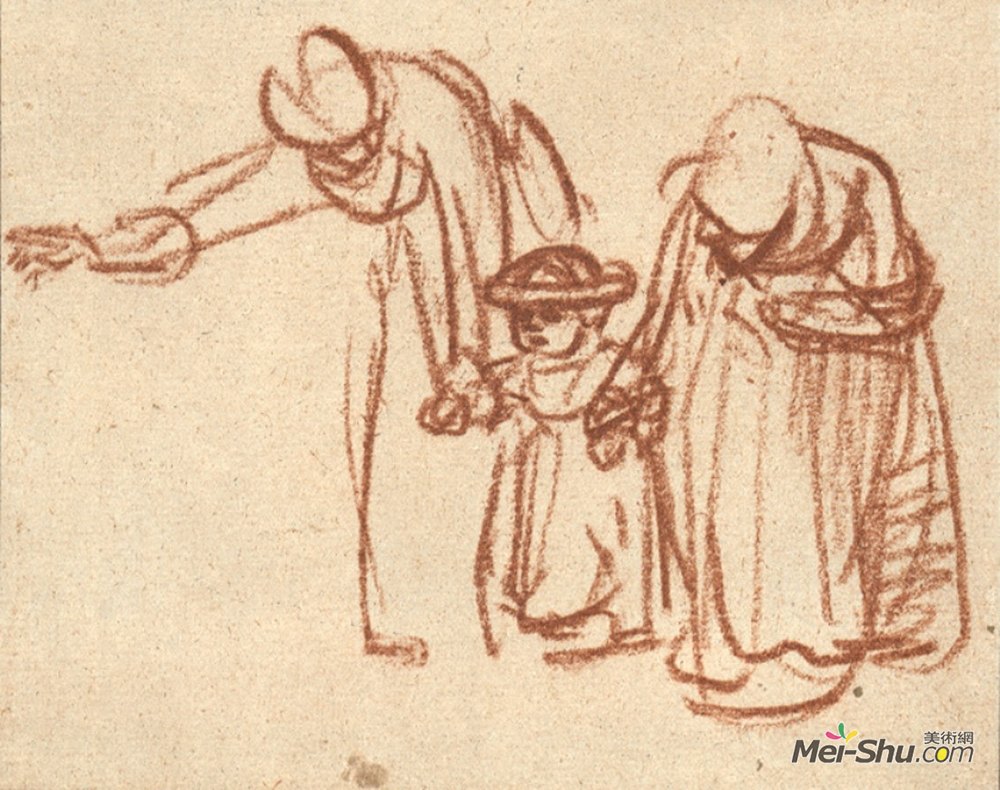 伦勃朗(Rembrandt)高清作品《教孩子走路的两个女人》