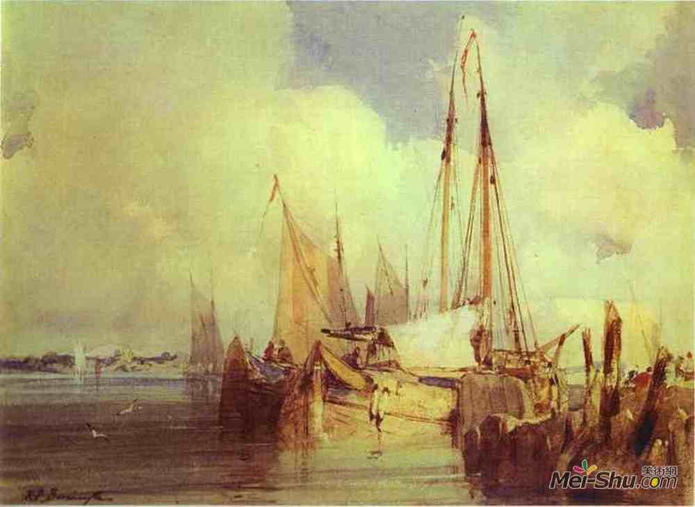 理查德德·帕克斯·伯宁顿(Richard Parkes Bonington)高清作品《法兰西河渔船风光》