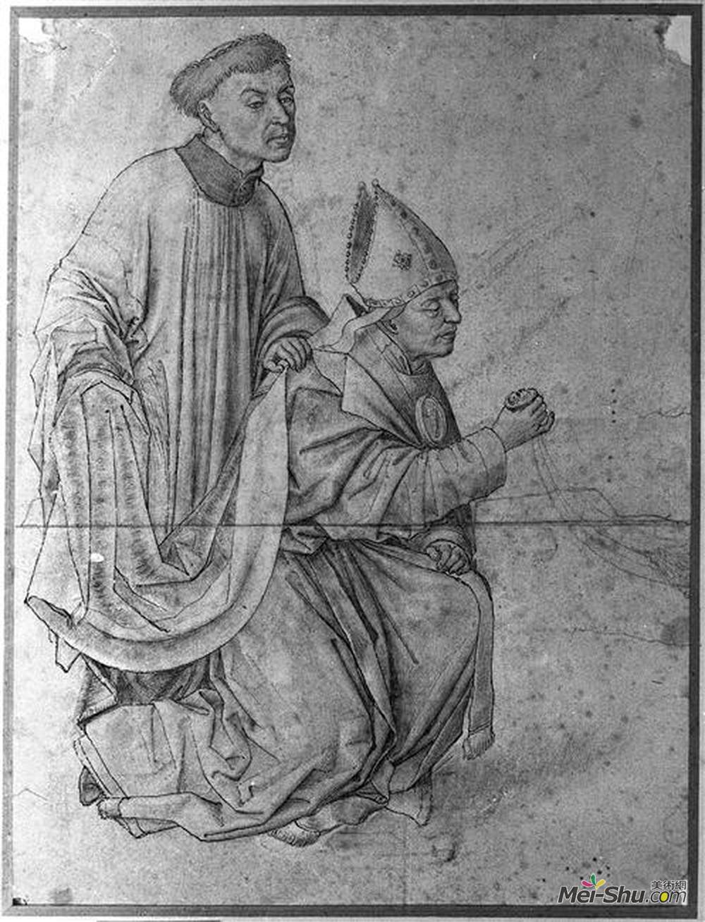 罗吉尔·凡·德尔·维登(Rogier van der Weyden)高清作品《主教跪着，在侧面，挥舞着香炉，伴随着》