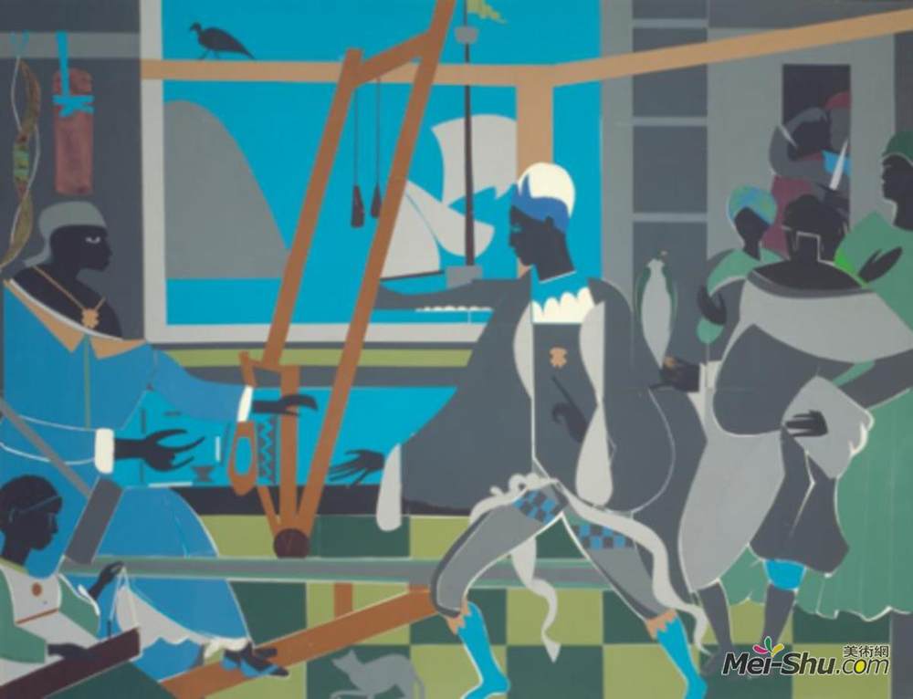 罗马勒·比尔登(Romare Bearden)高清作品《奥德修斯的回归（向Pintoricchio和贝宁致敬）》