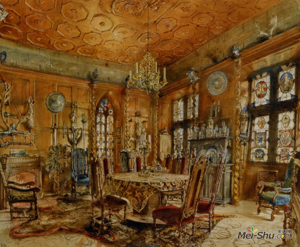 鲁道夫·冯阿尔特(Rudolf von Alt)高清作品《Interieur of castleIn Renaissance Style》