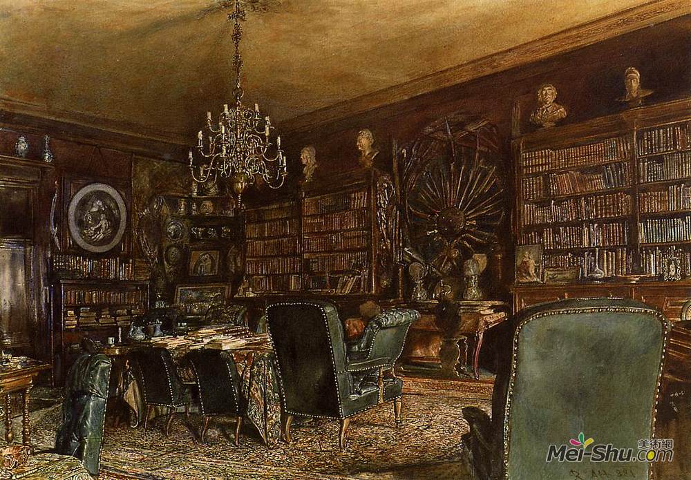 鲁道夫·冯阿尔特(Rudolf von Alt)高清作品《维也纳兰科罗恩斯宫图书馆》