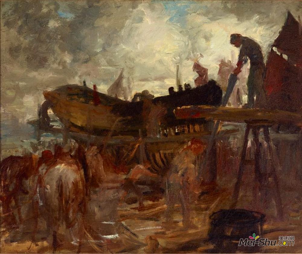 鲁珀特·巴尼(Rupert Bunny)高清作品《Boat building, Etaples》