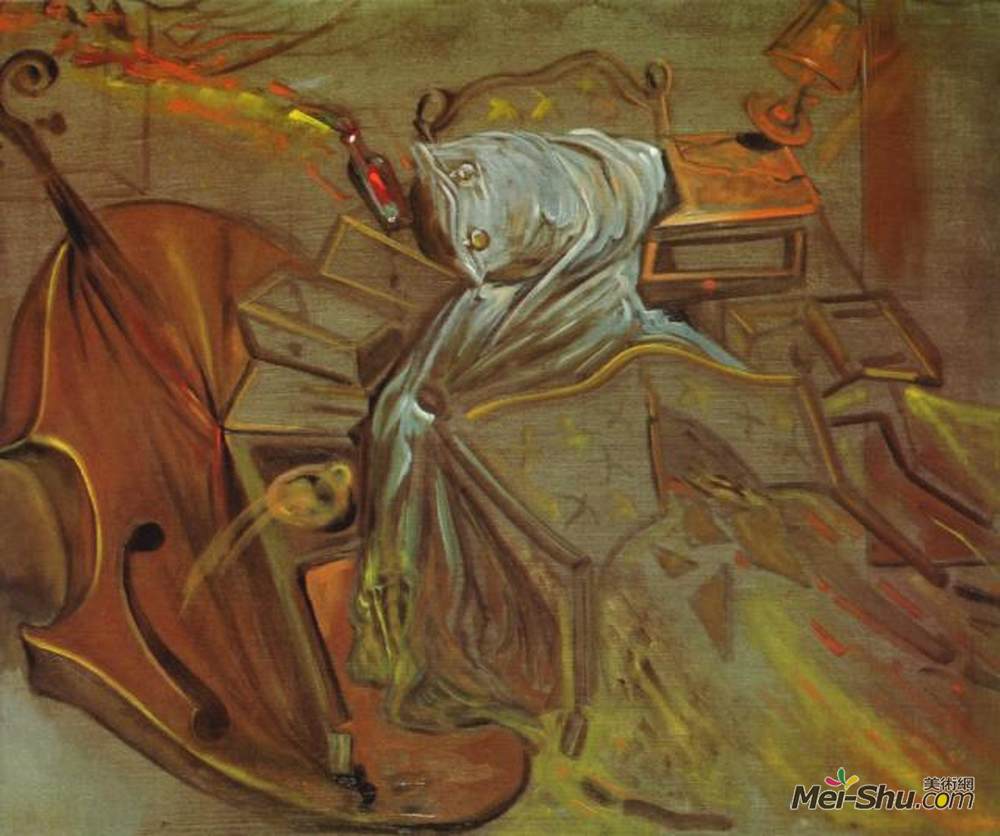 萨尔瓦多·达利(Salvador Dali)高清作品《床和两张床头柜猛烈地攻击大提琴。》