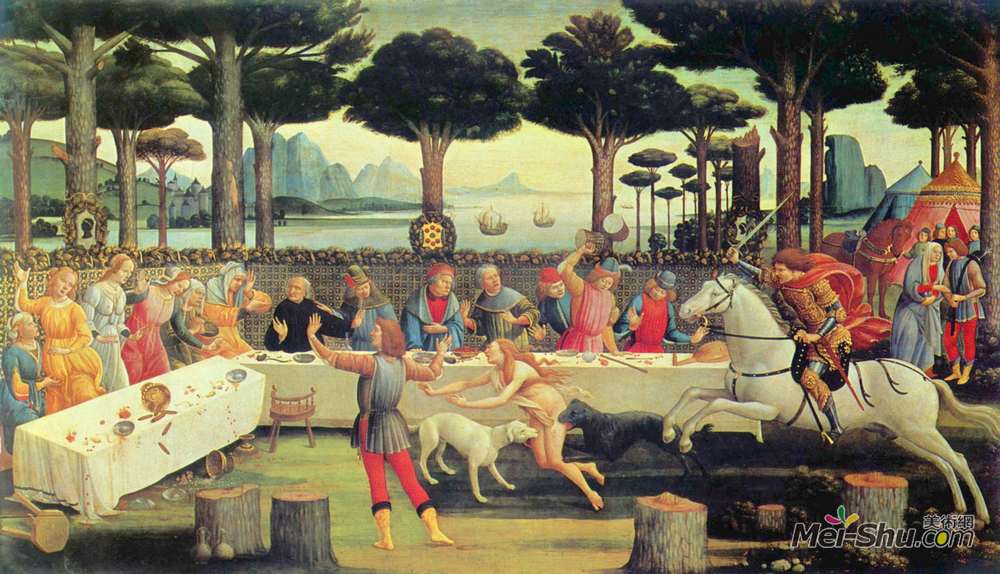 山德罗·波提切利(Sandro Botticelli)高清作品《The Story of Nastagio Degli Onesti - The Banquet in the Pine》