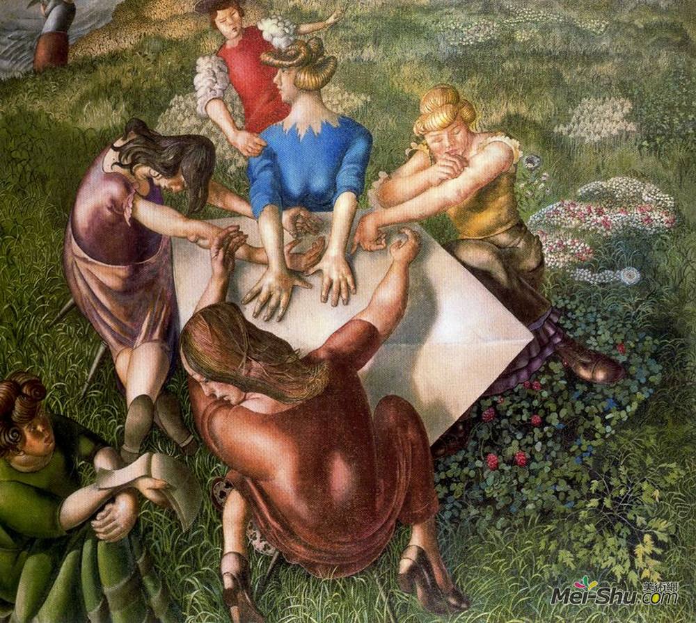 斯坦利·斯宾塞(Stanley Spencer)高清作品《基督在克雷厄姆赛马会上的布道：女孩倾听》