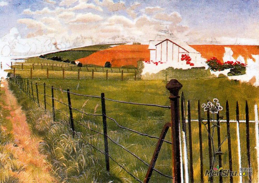 斯坦利·斯宾塞(Stanley Spencer)高清作品《Extensive Landscape with a Wroght-Iron Gat》